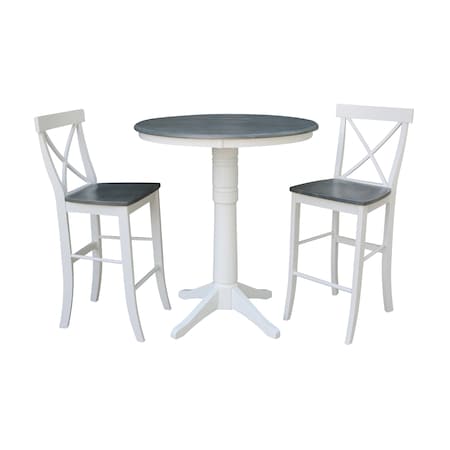 International Concepts Round 36 in Rd Pedestal Bar Ht Table, 2 X-Back Bar Ht Stools, White/Heather Gray, 36 W, 36 L, Wood K05-36RT-27B-S6133-2